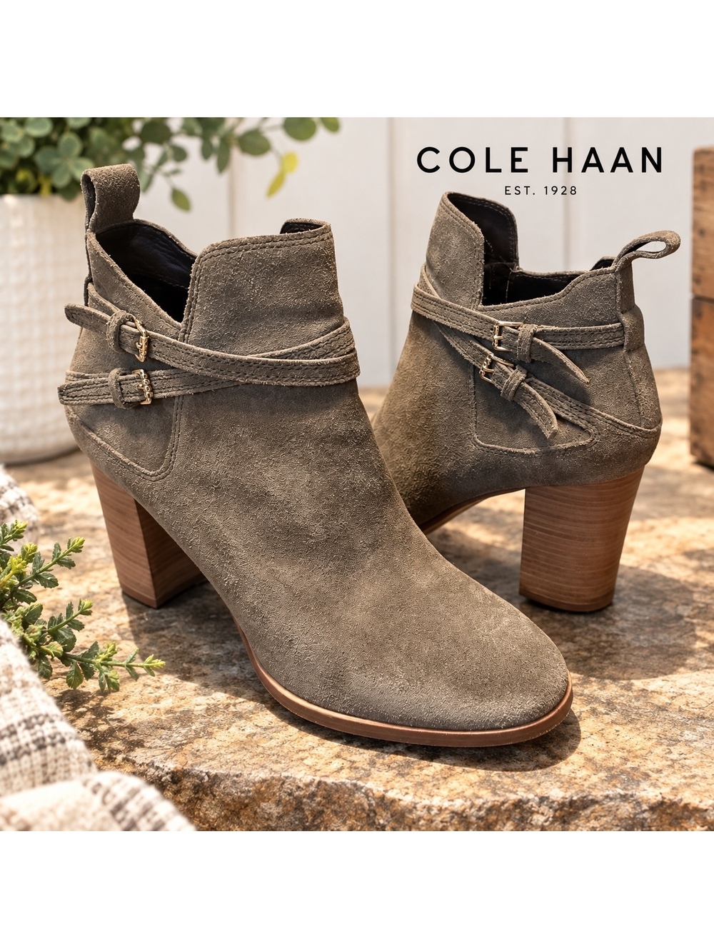 Cole Haan Womens 7B Gray Suede Ankle Boots Booties Harness Buckle Block Heel